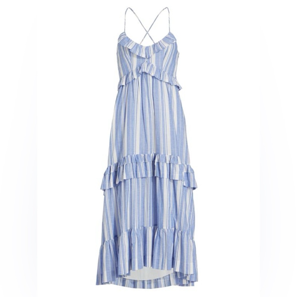 CINQ À SEPT Addy Ruffled Midi-Dress Size 4 Blue White Linen Stripe
